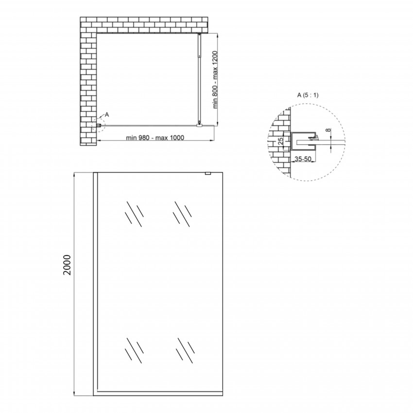 Стіна Walk-In Standard BLM201.C8, 100x200 см, скло 8мм Clear, CalcLess, нерухома Qtap QTAP фото 1