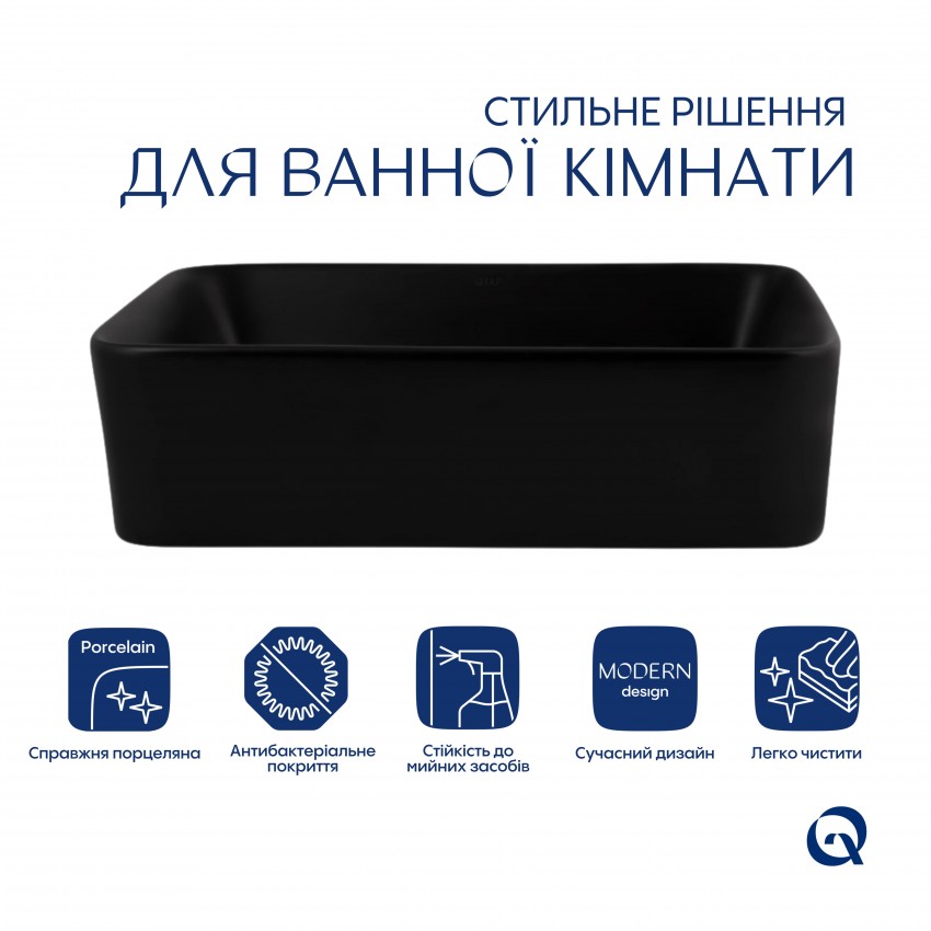 Раковина накладна Tern 480х370х135 мм, Matt Black, прямокутна, без донного клапана QT176069MB Qtap QTAP фото 2