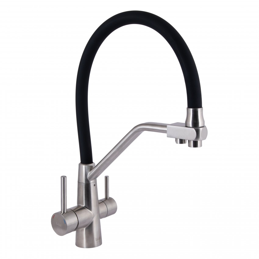 Змішувач для кухні Aria 020F3, Nickel/Black (k35) з гнучким виливом з підключенням для питної води LDARI020F3BNK37647 Lidz LIDZ