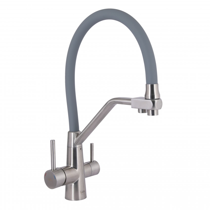 Змішувач для кухні Aria 020F3, Nickel/Grey (k35) з гнучким виливом і підключенням для питної води LDARI020F3GNK39211 Lidz LIDZ