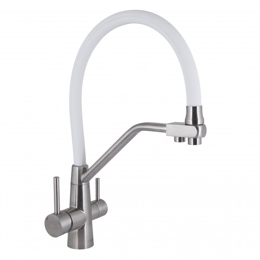 Змішувач для кухні Aria 020F3, Nickel/White (k35) з гнучким виливом і підключенням для питної води LDARI020F3WNK39480 Lidz LIDZ