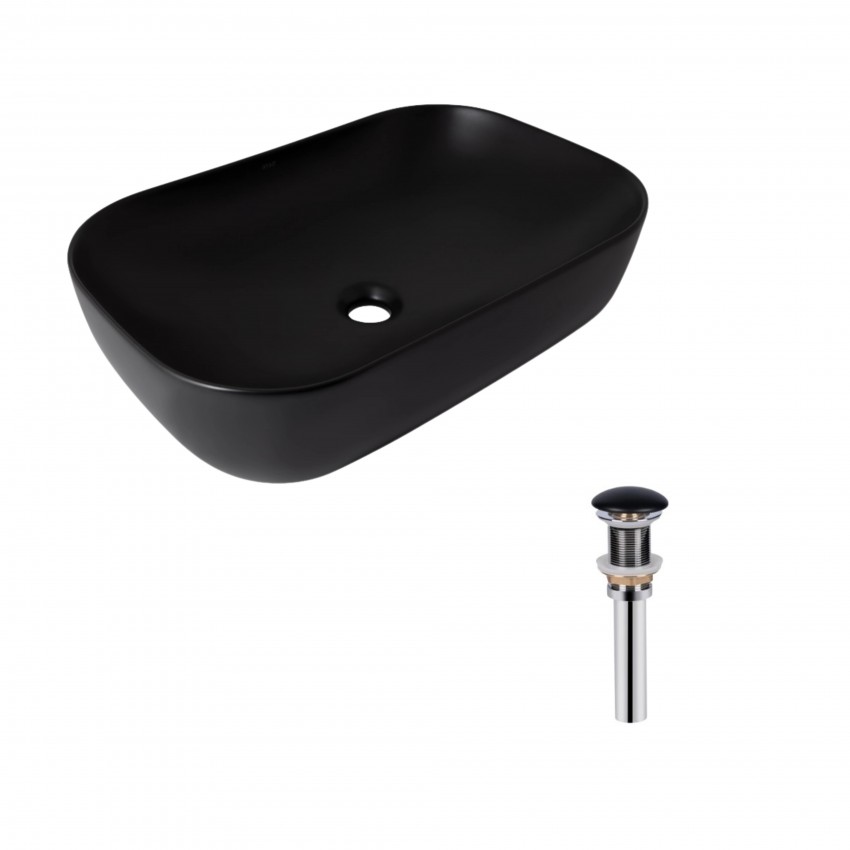 Комплект Qtap Robin: Раковина накладна прамокутна 600x390x150 мм Matt Black + Донний клапан PU03 QTAP