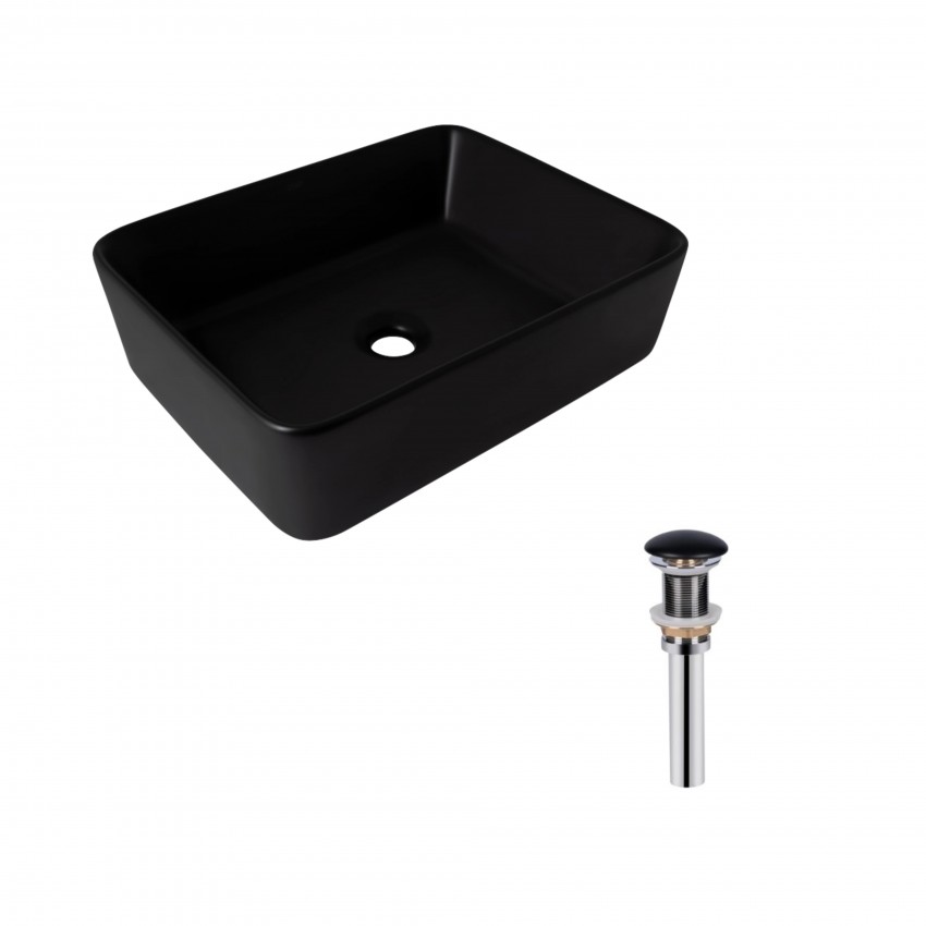 Комплект Qtap Tern: Раковина накладна прамокутна 480х370х135 мм Matt Black + Донний клапан PU03 QTAP