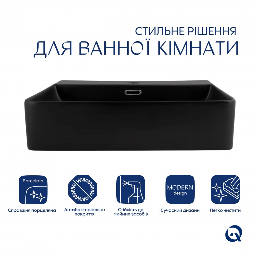 Комплект Qtap Nando LT: Раковина підвісна прамокутна 500х420х130 мм Matt Black + Донний клапан PU03O QTAP фото 2