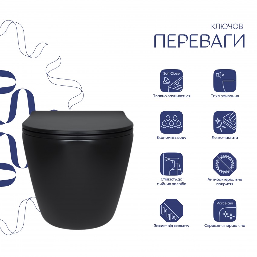 Унітаз підвісний Robin New Ultra Quiet 490x365x325 мм, Matt Black, з сидінням Slim Duroplast/ Soft-close/ Quick Release QT13332381АSMB Qtap QTAP фото 2