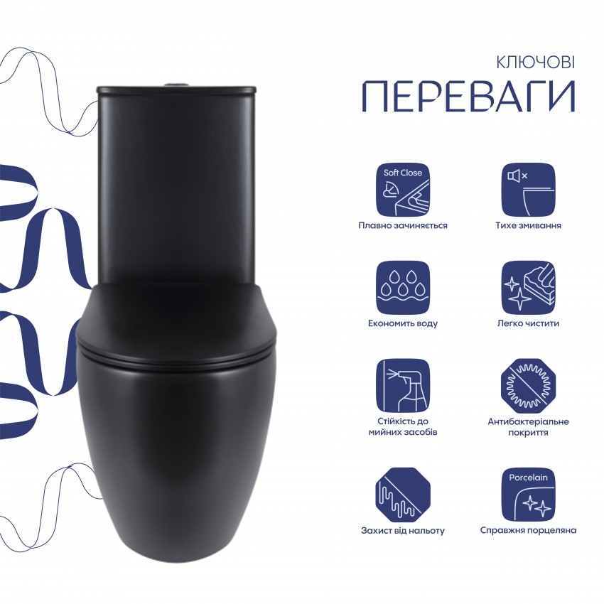 Унітаз підлоговий Robin Ultra Quiet 660x360x855 мм, Matt Black, з сидінням Slim Duroplast/ Soft-close/ Quick Release QT13226083AMB Qtap QTAP фото 2
