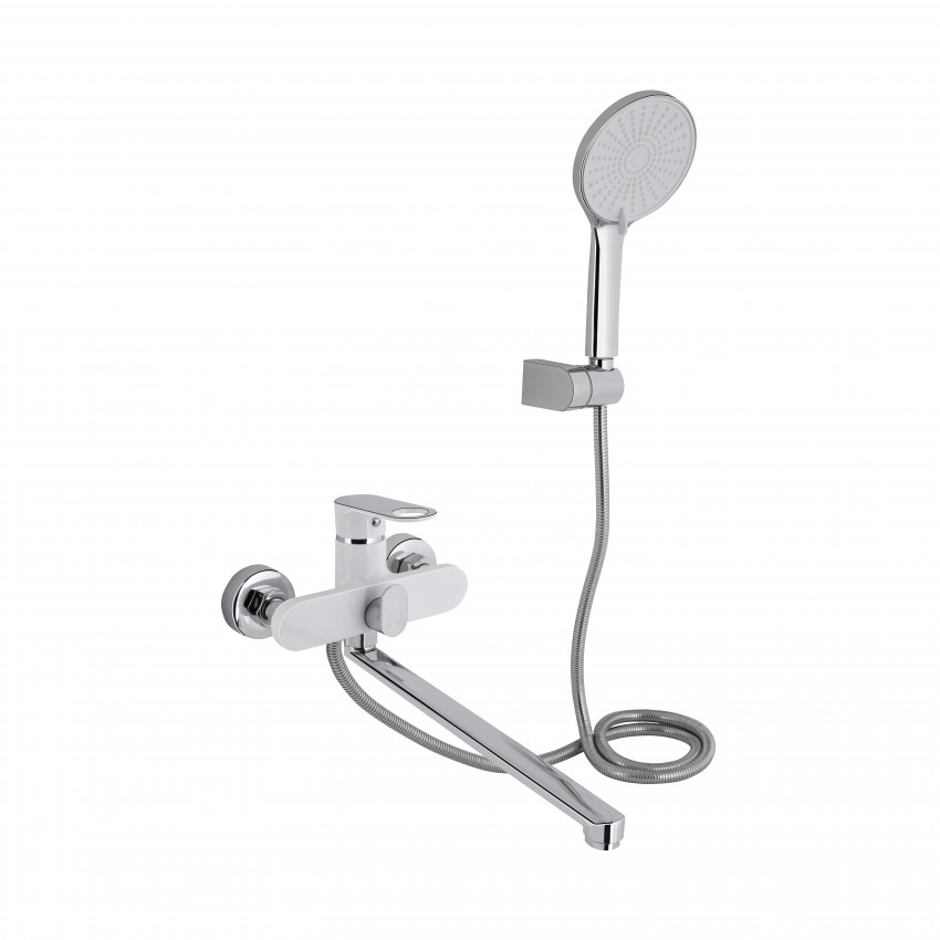 Змішувач для ванни Jay, Chrome/White (k35) з довгим поворотним виливом та душовим гарнітуром QTJAY2601CRW45552 Qtap QTAP