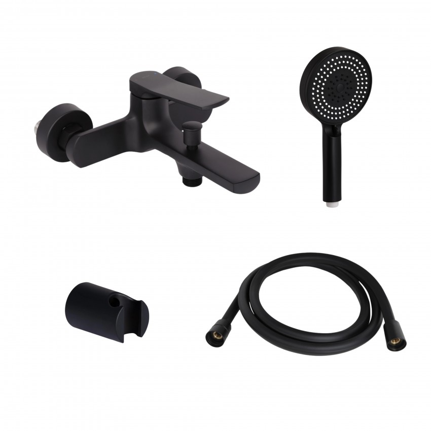 Комплект Qtap Slavonice Black Matt: Змішувач  QTSLA259BLM45918 + Тримач QT829910842854OB + Шланг QTHADPVCSQ160B + Лійка QTRUC125BLM45951 QTAP