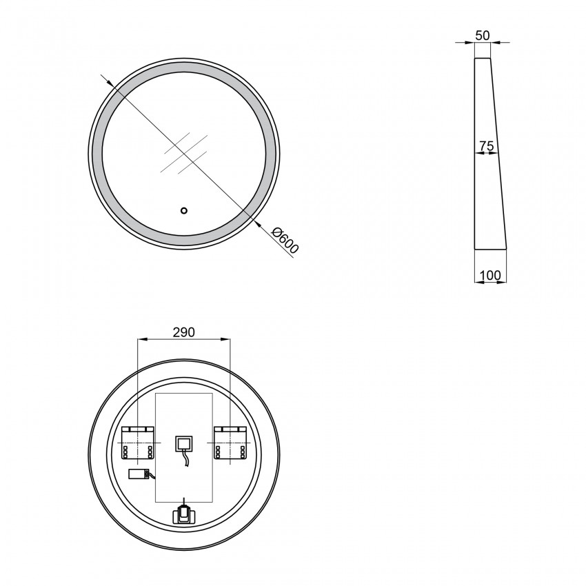 Дзеркало Robin настінне кругле з LED-підсвічуванням Touch, з антизапотіванням, з димером, рег. темп. кольору (3000-6500K) R600 мм Black Qtap QTAP фото 1