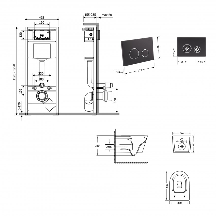Готове рішення Qtap для ванної кімнати: підвісний унітаз Jay Ultra Quiet 520x360x320 + комплект інсталяції Nest 4 в 1 (кругла клавіша Black mat) QTAP фото 1