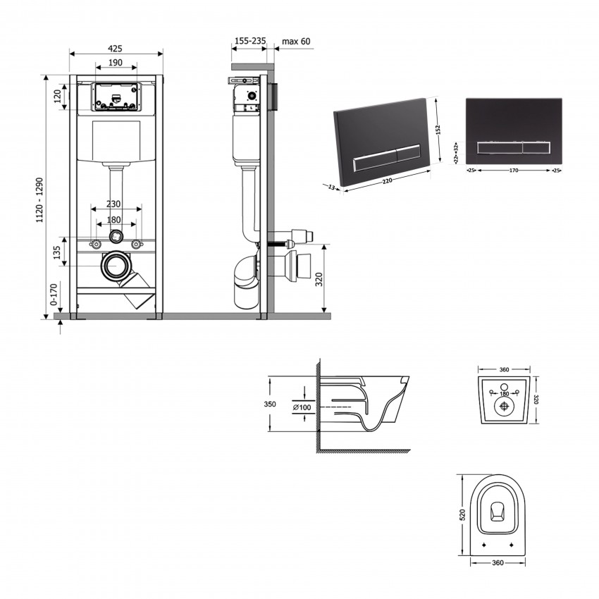 Готове рішення Qtap для ванної кімнати: підвісний унітаз Jay Ultra Quiet 520x360x320 + комплект інсталяції Nest 4 в 1 (лінійна клавіша Black mat) QTAP фото 1