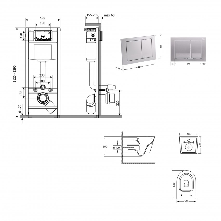 Готове рішення Qtap для ванної кімнати: підвісний унітаз Swan Ultra Quiet 520x360x320 + комплект інсталяції Nest 4 в 1 (квадратна клавіша Satin) QTAP фото 1