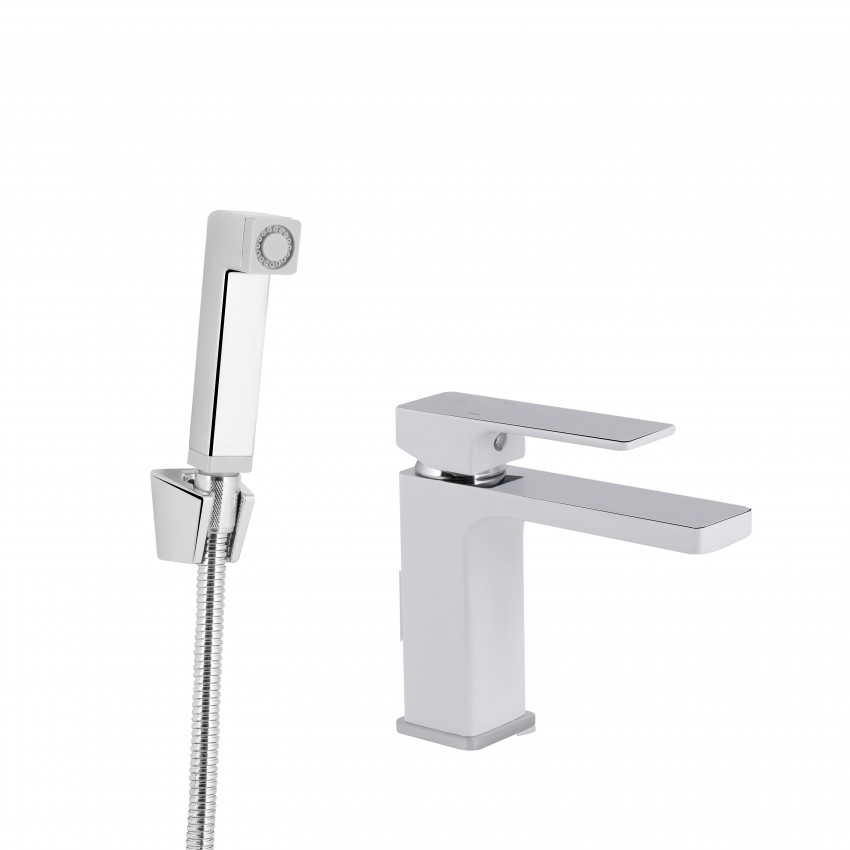 Змішувач для раковини Gemini, Chrome/White (k35) з гігієнічним душем QTGEM272CRW45691 Qtap QTAP