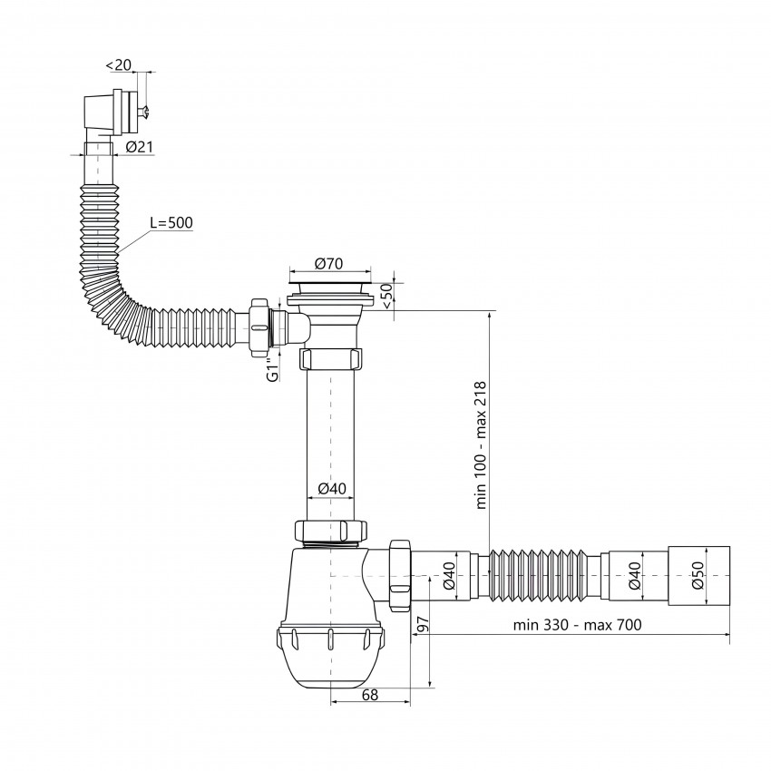 Сифон для кухонної мийки LK17 випуск 70 мм, колбовий з квадратним переливом (вихід гофра 40/50мм) Lidz LIDZ фото 2
