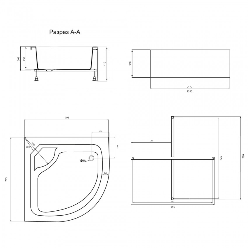 Душовий піддон Kapielka ST80x80x41, високий, напівкруглий, з панеллю, діаметр зливу 52 мм Lidz LIDZ фото 1