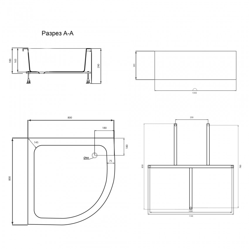Душовий піддон Kapielka ST80x80x26, середній, напівкруглий, з панеллю, діаметр зливу 52 мм Lidz LIDZ фото 1