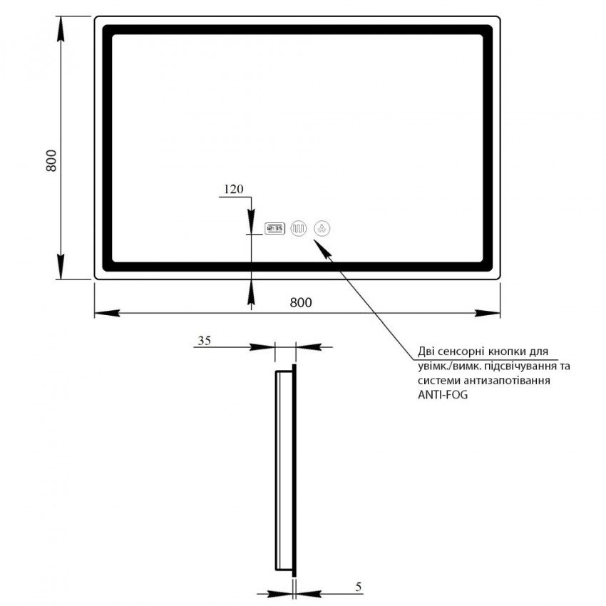 Дзеркало настінне Mideya (MI9) 800x800 мм, прямокутне, з LED-підсвіткою Touch, антизапотіванням, димером, рег. яскравості Qtap QTAP фото 1