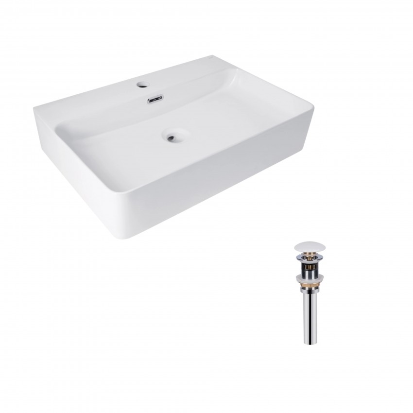 Комплект Qtap Nando LT: Раковина підвісна прамокутна 610х420х140 мм White + Донний клапан PU02O QTAP