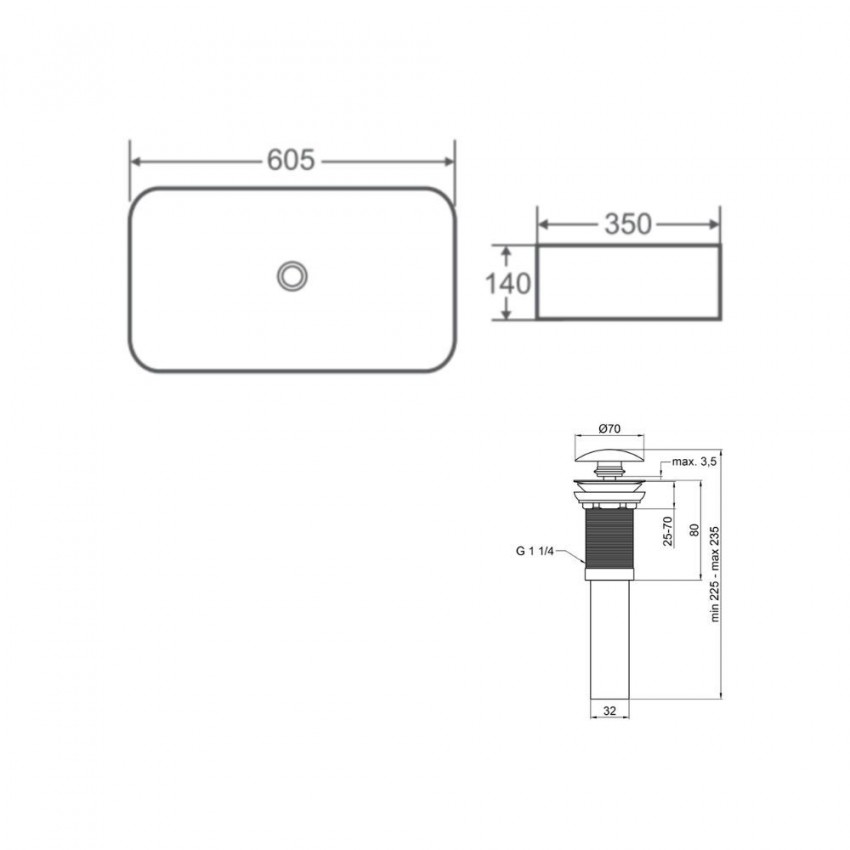 Комплект Qtap Tern: Раковина накладна прамокутна 610x350x135 мм WHITE + Донний клапан PU02 QTAP фото 1
