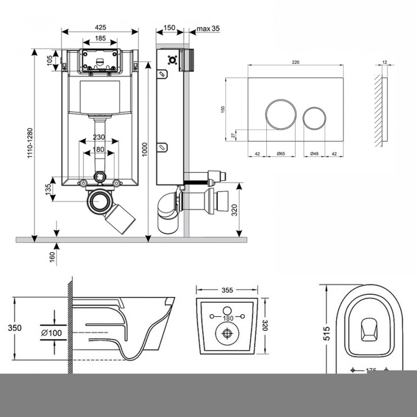 Готове рішення Qtap для ванної кімнати: підвісний унітаз Swan Rimless 520х360х320 + комплект інсталяції Nest 4 в 1 (кругла клавіша Satin) QTAP фото 1