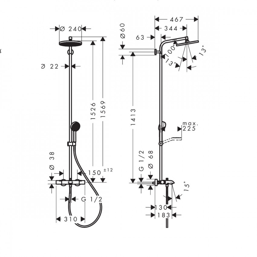 28871670 HG Activera S Душова система Showerpipe 240 1jet EcoSmart з термостатом на ванну Ecostat Fine, чорний матовий (1 сорт) HANSGROHE фото 2