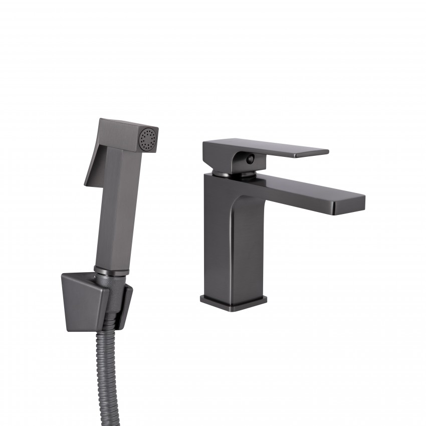 Змішувач для раковини Gemini, Gunmetal Black PVD (k35) з гігієнічним душем QTGEM272GMB45692 Qtap QTAP
