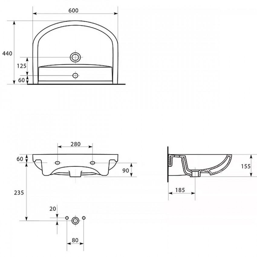 K667-104 Умивальник меблевий ARTECO 60 ONE HOLE з отвором для змішувача, з переливом, білий глянець (картон) (1 сорт) MITO фото 2