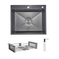 Комплект Lidz Handmade H6050HB Мийка для кухні інтегрована Decor Black PVD Honeycomb у комплекті з дозатором + Lidz K01G Корзина для кухонної мийки LIDZ