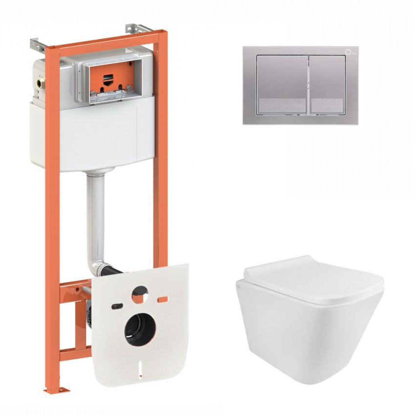 Готове рішення Qtap для ванної кімнати: підвісний унітаз Tern Rimless 490x340x350 + комплект інсталяції Nest 4 в 1 (квадратна клавіша Satin) QTAP