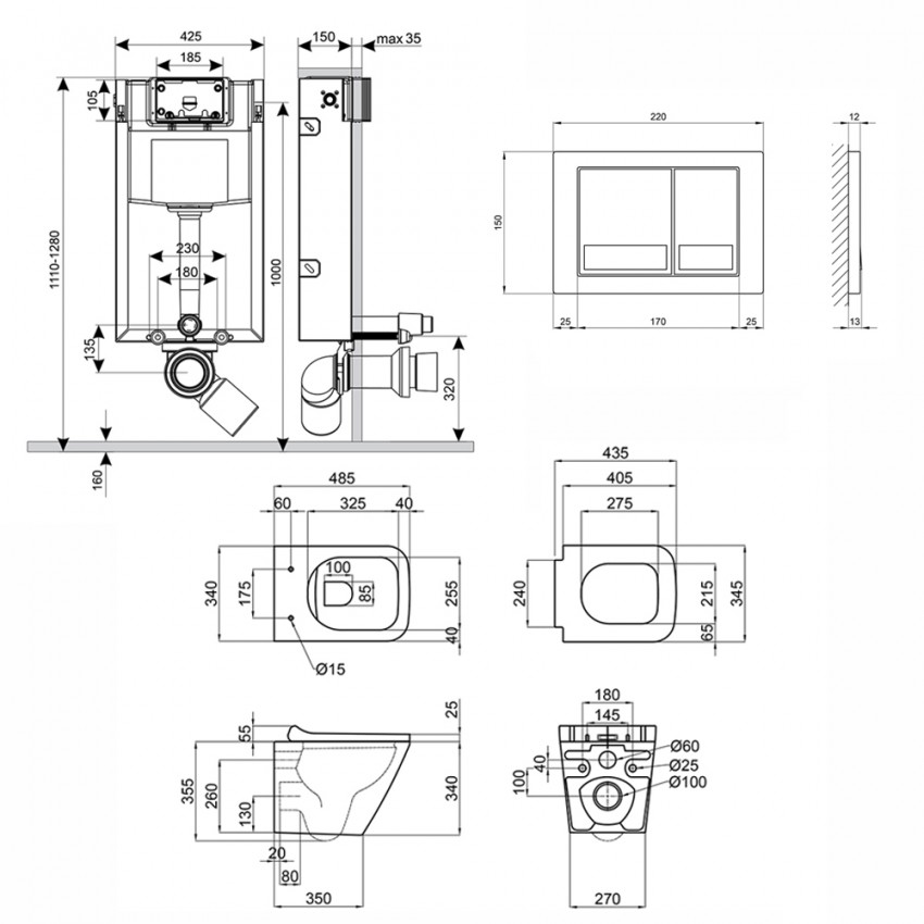 Готове рішення Qtap для ванної кімнати: підвісний унітаз Tern Rimless 490x340x350 + комплект інсталяції Nest 4 в 1 (квадратна клавіша Satin) QTAP фото 1