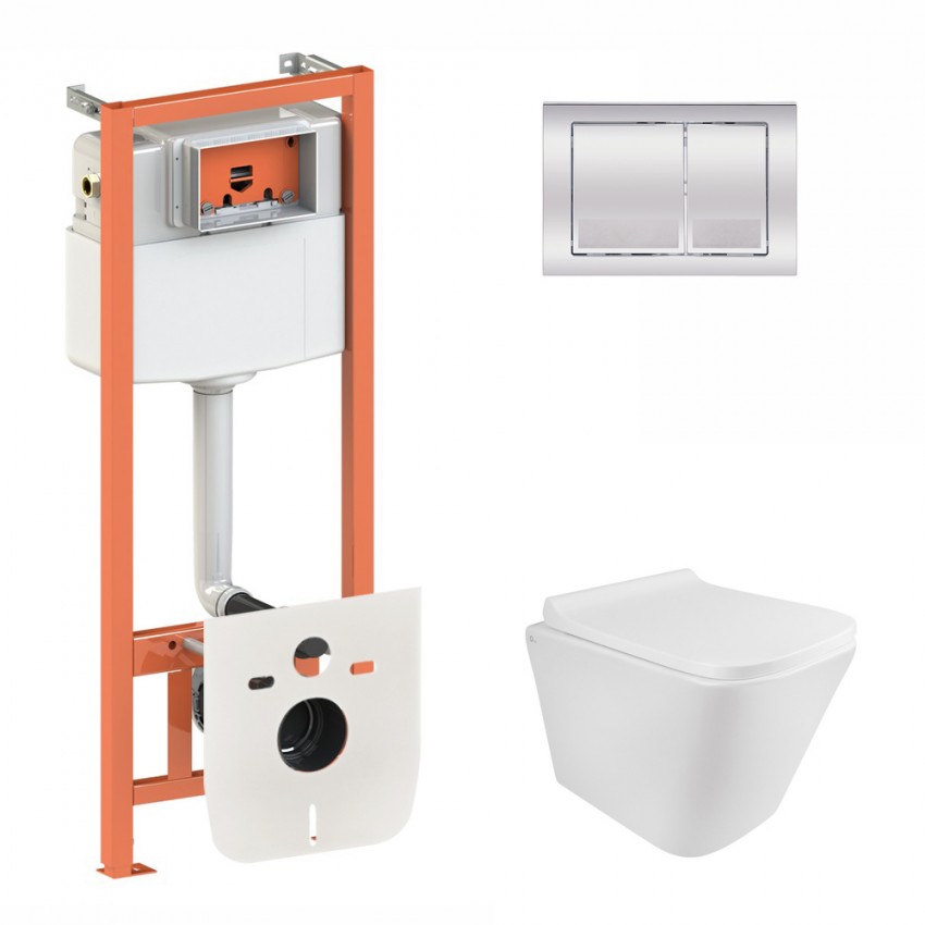 Готове рішення Qtap для ванної кімнати: підвісний унітаз Tern Rimless 490x340x350 + комплект інсталяції Nest 4 в 1 (квадратна клавіша Chrome) QTAP