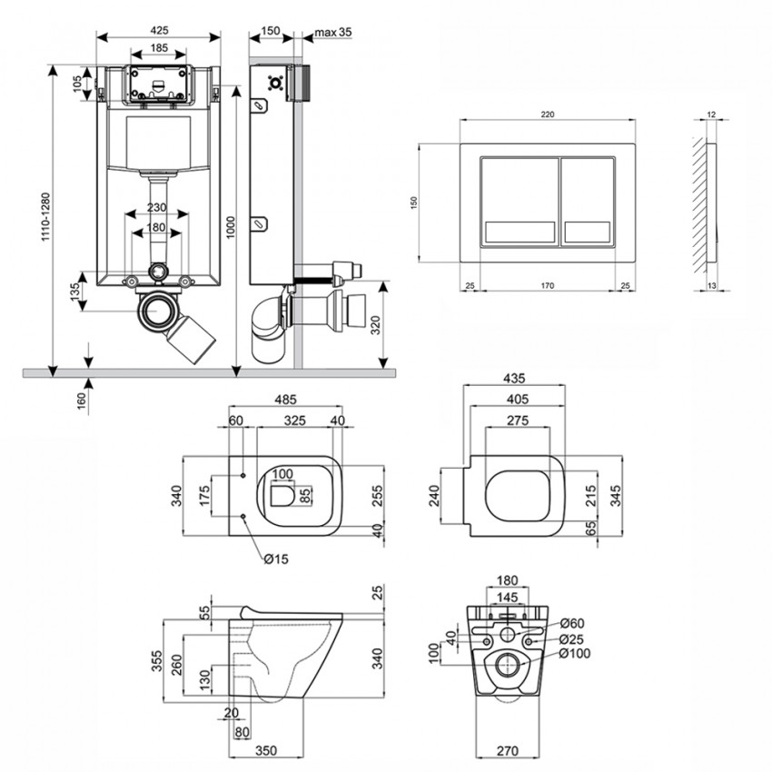 Готове рішення Qtap для ванної кімнати: підвісний унітаз Tern Rimless 490x340x350 + комплект інсталяції Nest 4 в 1 (квадратна клавіша Chrome) QTAP фото 1