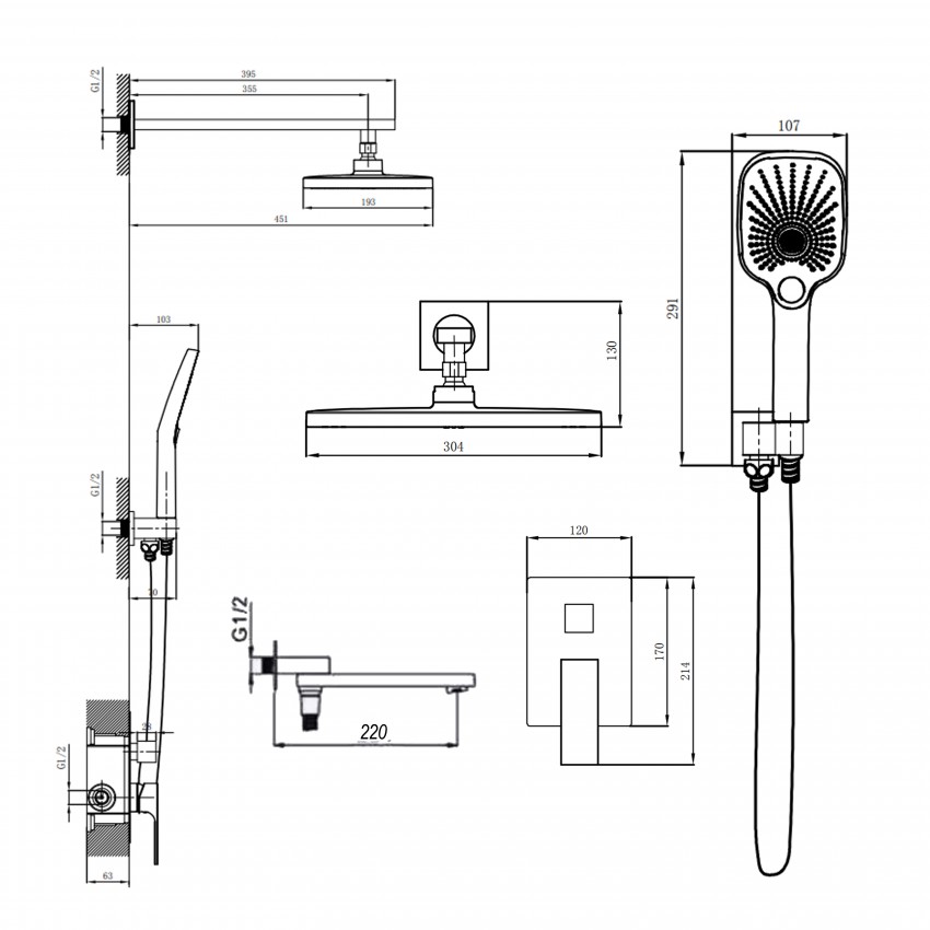 Душова система універсальна Gemini, Gunmetal Black PVD (k35) прихованого монтажу на три споживача QTGEM114GMB45704 Qtap QTAP фото 1