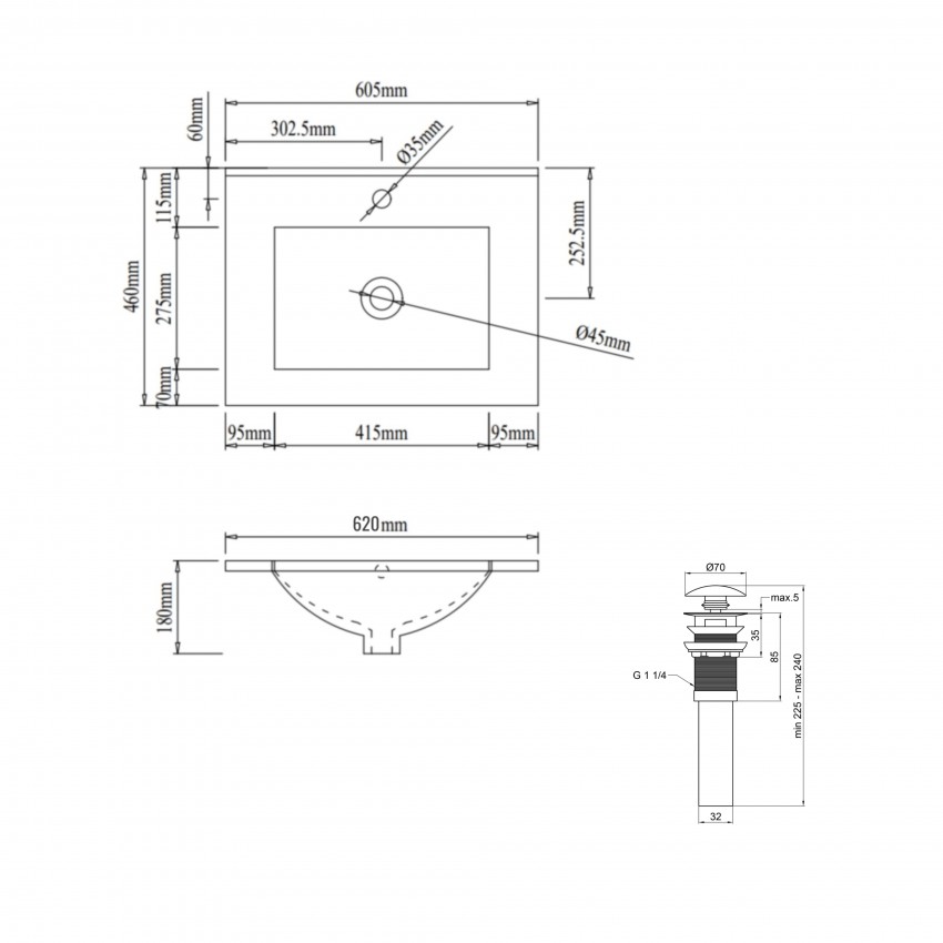 Комплект Albatross: Раковина врізна меблева 620x460x180 мм, White, прямокутна + Донний клапан Pop-up PU02O QTAP фото 1