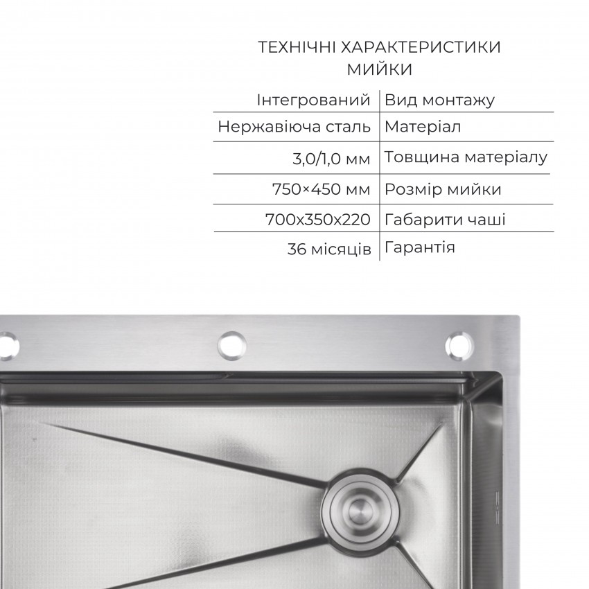 Комплект Lidz Handmade H7545 Мийка для кухні інтегрована Decor Honeycomb LDH7545DEC48372 + Lidz (BLA) Подрібнювач для кухонного миття LIDZ фото 2