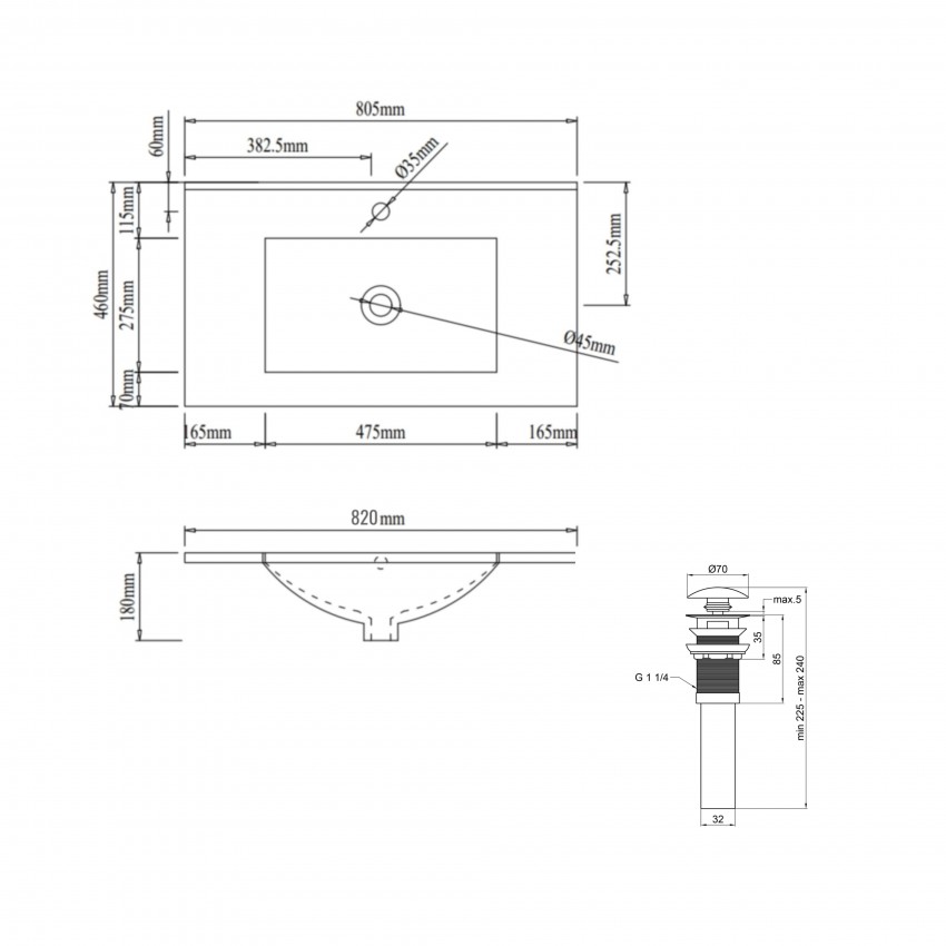 Комплект Albatross: Раковина врізна меблева 820x460x180 мм, White, прямокутна + Донний клапан Pop-up PU02O QTAP фото 1