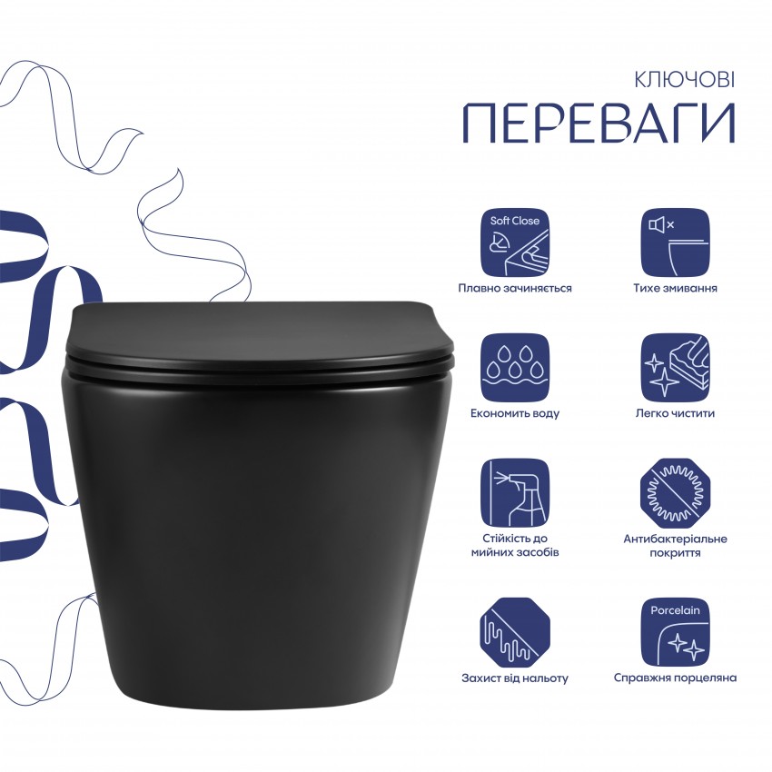 Унітаз підвісний Jay Ultra Quiet 485х360х320 мм, Matt Black, сидінням Slim Duroplast/ Soft-close/ Quick Relase QT07335177MB Qtap QTAP фото 2