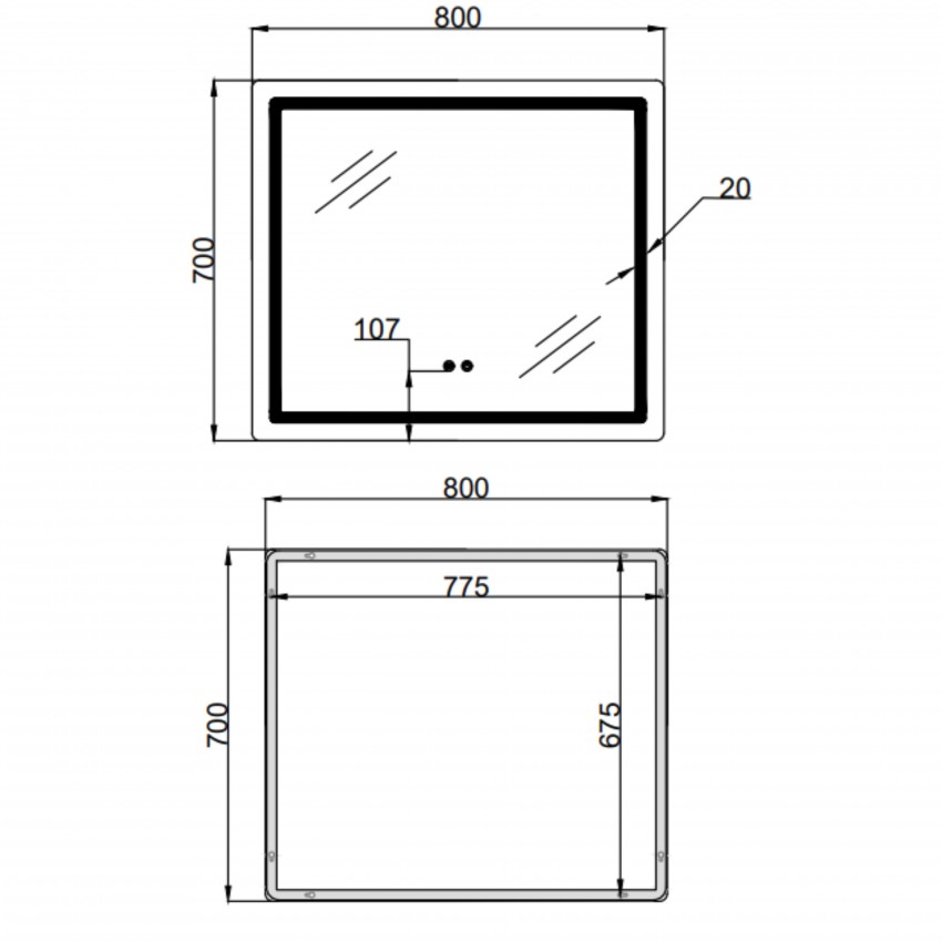 Дзеркало настінне Mideya (MI2) 800х700 мм, прямокутне, з LED-підсвіткою Touch, антизапотіванням, димером, рег. яскравості Qtap QTAP фото 1