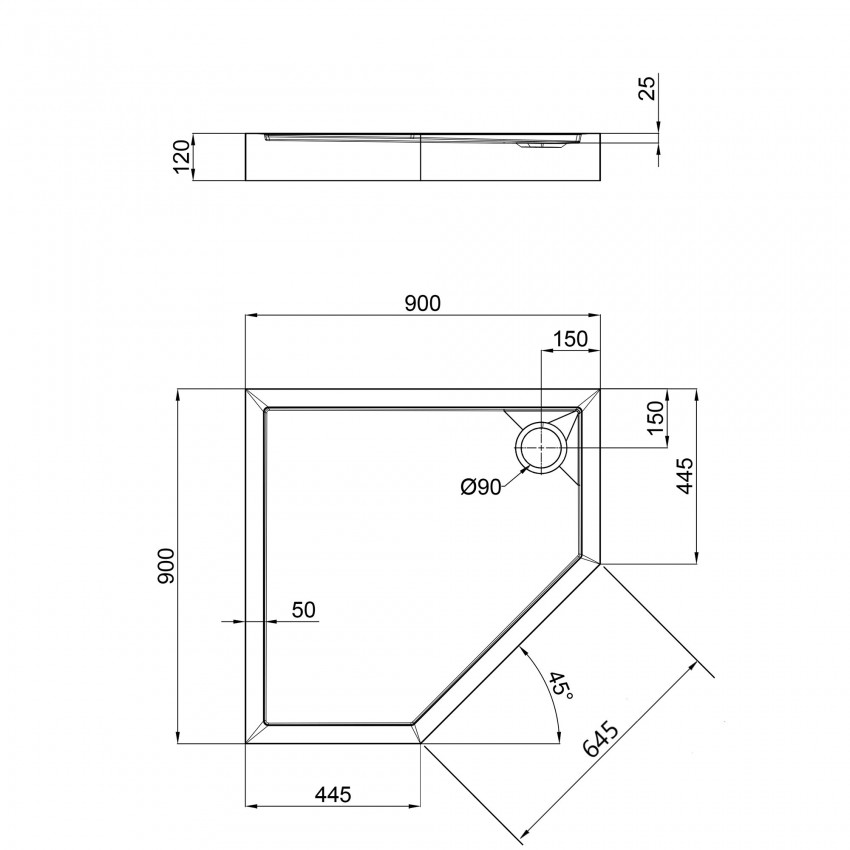 Душовий піддон Diamond 309912, 90x90x12 см, п'ятикутний, акриловий + ніжки, діаметр зливу 90 мм Qtap QTAP фото 1