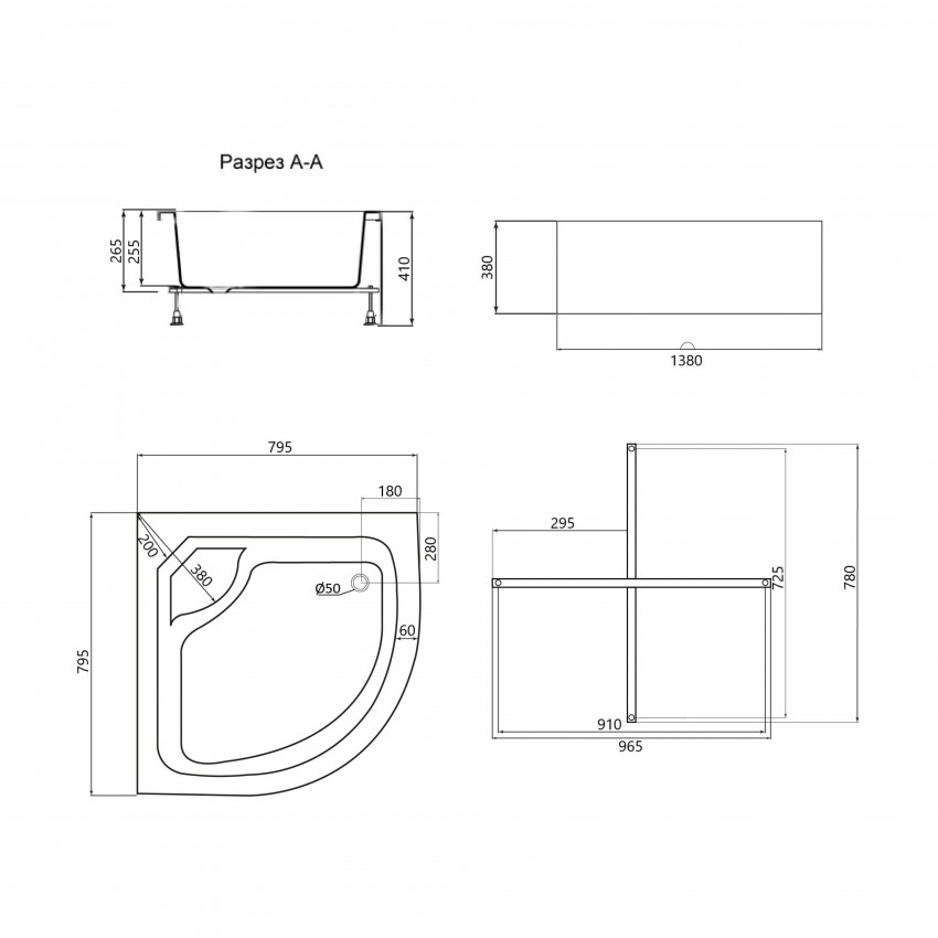 Душовий піддон Kapielka ST80x80x41, високий, напівкруглий, з панеллю, діаметр зливу 52 мм Lidz LIDZ фото 1