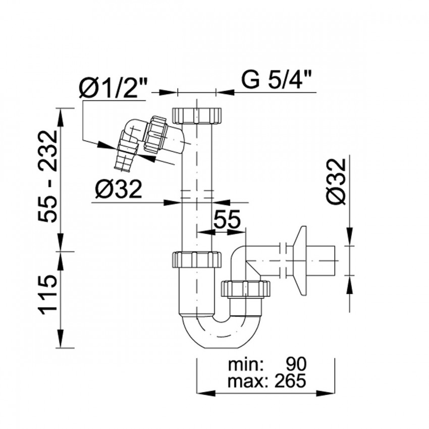 STY-638-32-2 Сифон трубний, без зливного клапана, з підключенням до посудомийної машини, вихід d32 мм (1 сорт) Styron фото 1