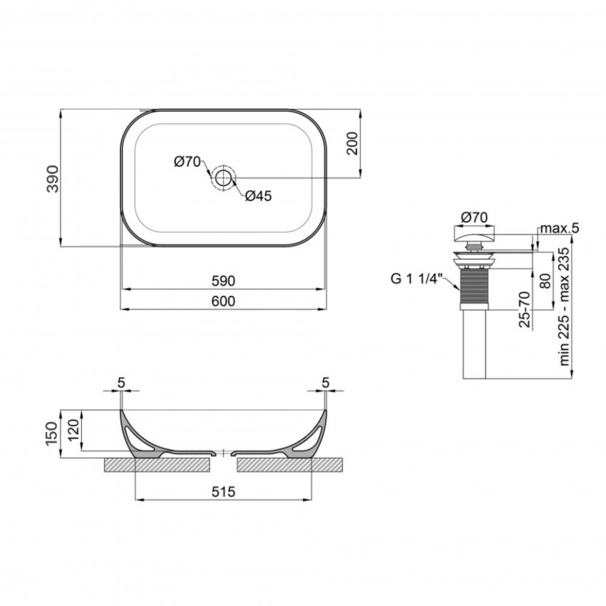 Комплект Qtap Robin: Раковина накладна прамокутна 600x390x150 мм Matt Black + Донний клапан PU03 QTAP фото 1