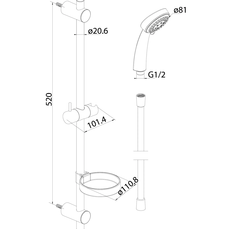 760100310 Contour, душ.комплект: ручн.душ 3 ф-ції d 81 мм, штанга 600 мм, шланг 1750 мм, шт ( (1 сорт) Damixa фото 2