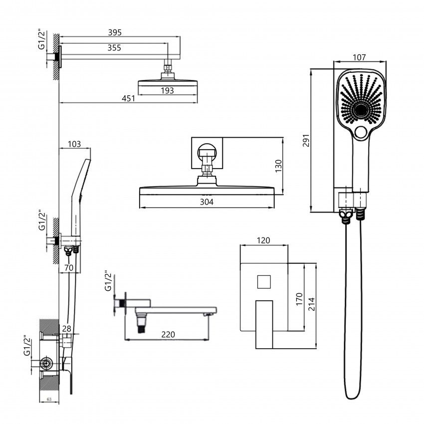 Душова система універсальна Gemini, Matt Black (k35) прихованого монтажу на три споживача QTGEM114BLM45703 Qtap QTAP фото 1