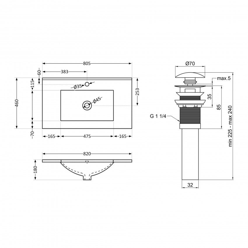 Комплект Albatross: Раковина врізна меблева 820x460x180 мм, White, прямокутна + Донний клапан Pop-up PU02O QTAP фото 1