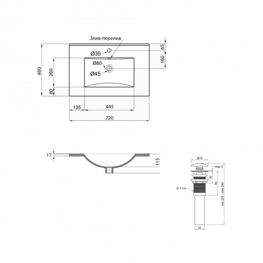 Комплект Albatross: Раковина врізна меблева 720x460x180 мм, White, прямокутна + Донний клапан Pop-up PU02O QTAP фото 1