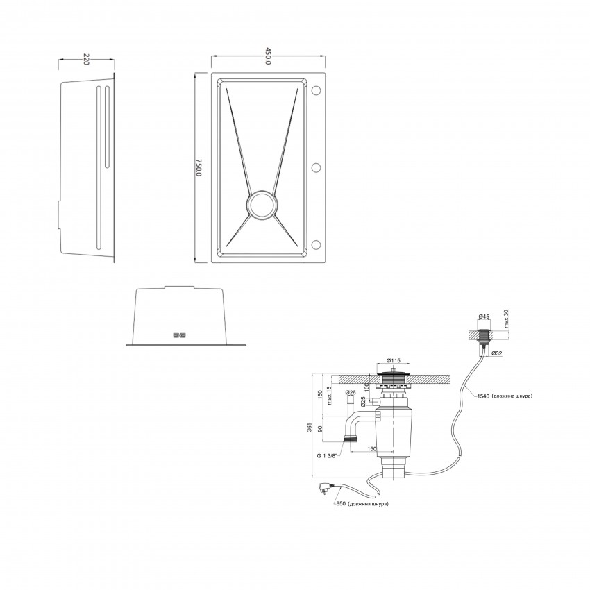 Комплект Lidz Handmade H7545B Мийка для кухні інтегрована Decor Black PVD Honeycomb LDH7545BDECPVD48373+Lidz (BLA) Подрібнювач для кухонного миття LIDZ фото 1