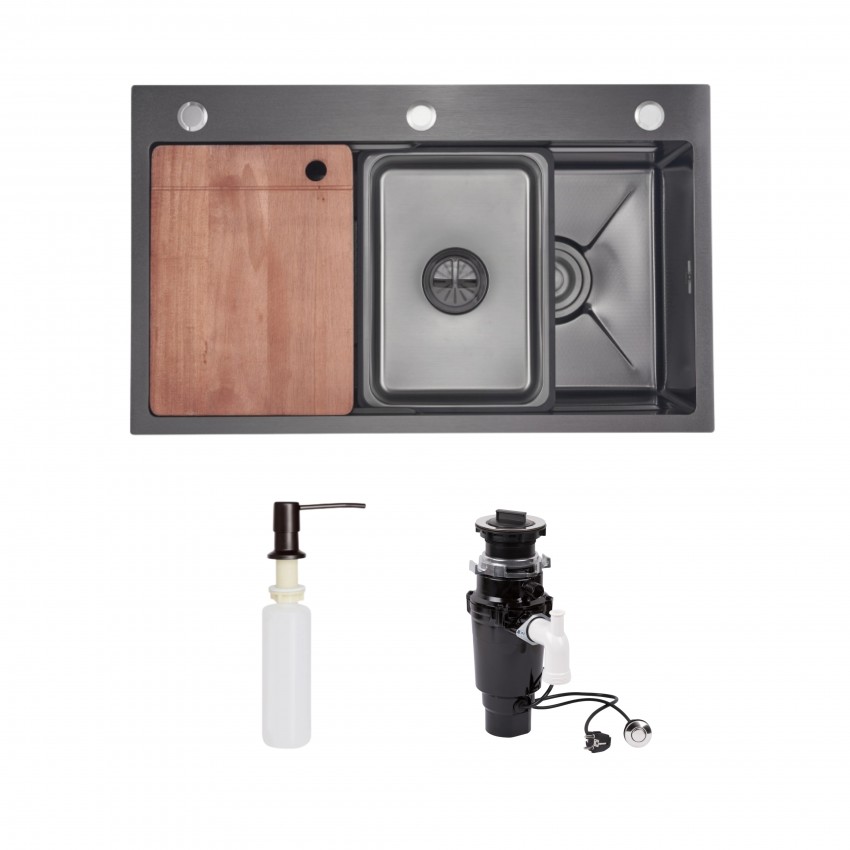 Комплект Lidz Handmade H7545B Мийка для кухні інтегрована Decor Black PVD Honeycomb LDH7545BDECPVD48373+Lidz (BLA) Подрібнювач для кухонного миття LIDZ