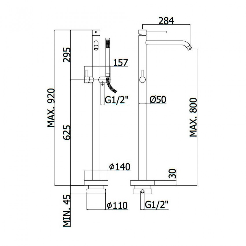 LIG 032 NO LIGHT Змішувач ванни з підлоги, з ручним душем, чорн.мат (1 сорт) Paffoni фото 1