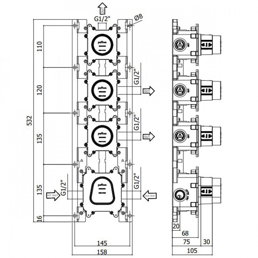 MDBOX019 modular box  Внутрішня частина до термостата на 3 виходи, вертикальна/горизонтальна установка (1 сорт) Paffoni фото 3